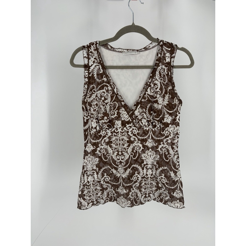 papillon blanc lace tank top womens xs brown ivory damask mesh y2k romantic